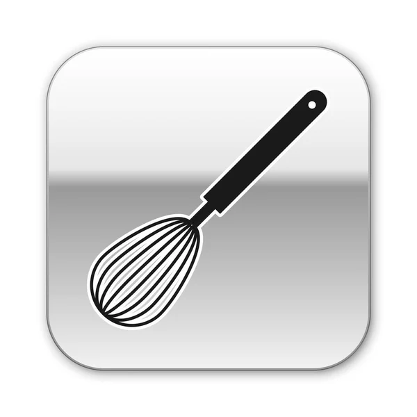 Černá kuchyňka, ikona, izolovaná na bílém pozadí. Nádobí pro vaření, metly na vejce. Nápis-příbory. Symbol mixu potravin. Stříbrné čtvercové tlačítko. Vektorová ilustrace — Stockový vektor