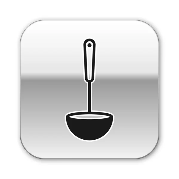 Ícone de concha de cozinha preto isolado no fundo branco. Utensílio de cozinha. Sinal de colher de talheres. Botão quadrado de prata. Ilustração vetorial —  Vetores de Stock