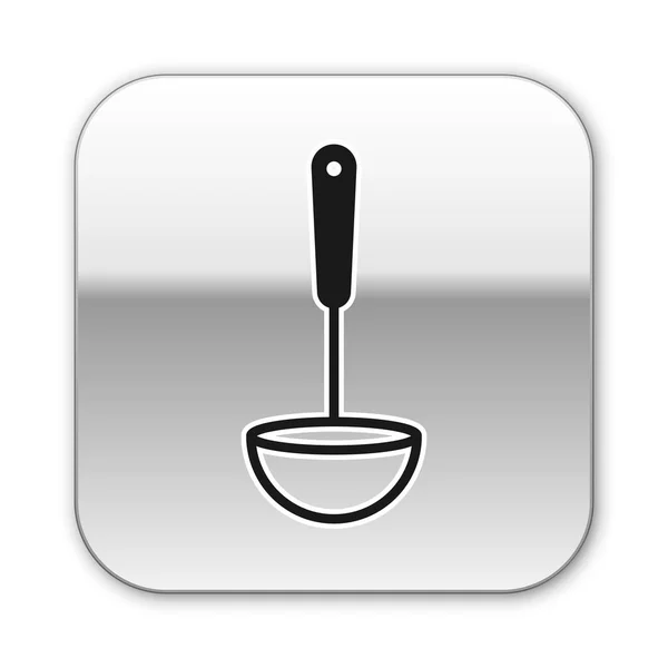 Icono de cuchara de cocina negra aislado sobre fondo blanco. Utensil de cocina. Signo de cuchara de cubiertos. Botón cuadrado plateado. Ilustración vectorial — Vector de stock