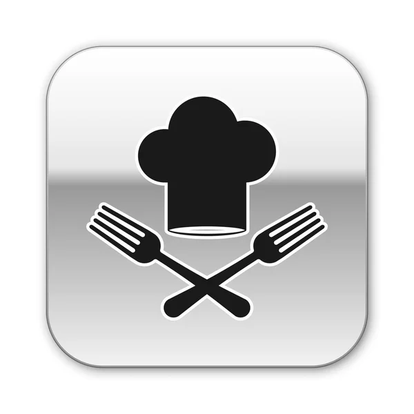 Chapéu Chef preto e ícone de garfo cruzado isolado no fundo branco. Símbolo de cozinha. Menu de restaurante. Chapéu dos cozinheiros. Botão quadrado de prata. Ilustração vetorial — Vetor de Stock