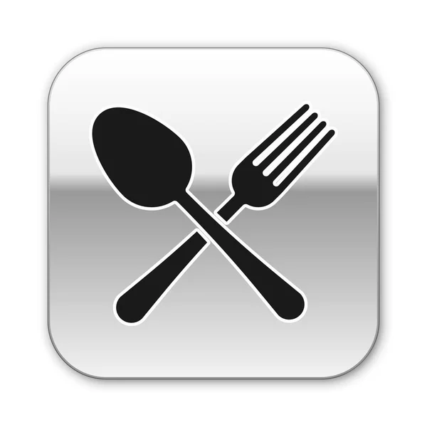 Svartkorsad gaffel och sked ikon isolerad på vit bakgrund. Köksredskap. Bestickskylt. Silver fyrkantig knapp. Vektor illustration — Stock vektor