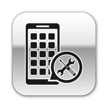 Beyaz arka planda yalıtılmış tornavida ve anahtar simgesi ile siyah mobil uygulamalar. Ayarlama, hizmet, ayarlama, bakım, onarım, sabitleme. Gümüş kare düğmesi. Vektör Illustration