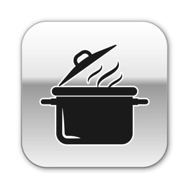 Siyah Pişirme pot simgesi beyaz arka plan üzerinde izole. Kaynatın veya güveç gıda sembolü. Gümüş kare düğme. Vektör İllüstrasyonu