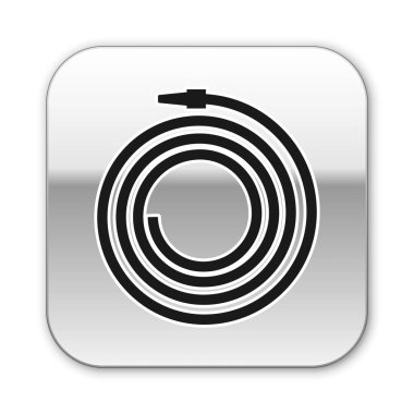 Siyah Bahçe hortumu veya yangın hortumu simgesi beyaz arka plan üzerinde izole. Sprey tabanca simgesi. Sulama ekipmanları. Gümüş kare düğme. Vektör İllüstrasyonu