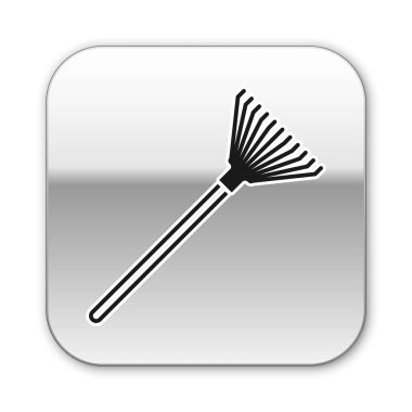 Beyaz arka plan üzerinde izole yaprakları simgesi için Black Garden tırmık. Bahçecilik, tarım, tarım için bir araç. Yer kültivatör. Gümüş kare düğme. Vektör İllüstrasyonu