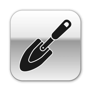 Siyah Bahçe mala maça veya kürek simgesi beyaz arka plan üzerinde izole. Bahçıvanlık aleti. Bahçecilik, tarım, tarım için bir araç. Gümüş kare düğme. Vektör İllüstrasyonu