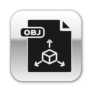 Siyah Obj dosya belgesi. Beyaz arka planda yalıtılmış obj düğme simgesini indirin. Obj dosya sembolü. Gümüş kare düğme. Vektör İllüstrasyonu