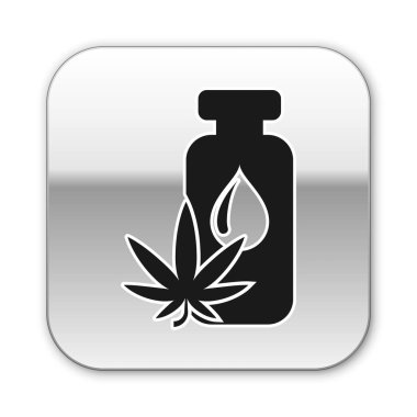 Siyah tıbbi marihuana ya da kenevir yaprağı zeytinyağı damlası ikonu beyaz arka planda izole edilmiş. Esrar özütü. Kenevir sembolü. Gümüş kare düğme. Vektör İllüstrasyonu