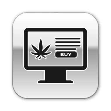 Siyah Bilgisayar monitör ve tıbbi esrar veya esrar yaprak simgesi beyaz arka plan üzerinde izole. Online satın alma sembolü. Süpermarket sepeti. Gümüş kare düğme. Vektör İllüstrasyonu