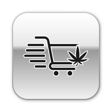 Beyaz arka planda izole marihuana veya esrar yaprağı simgesi ile Siyah Alışveriş sepeti. Online satın alma. Teslimat hizmeti. Süpermarket sepeti. Gümüş kare düğme. Vektör İllüstrasyonu