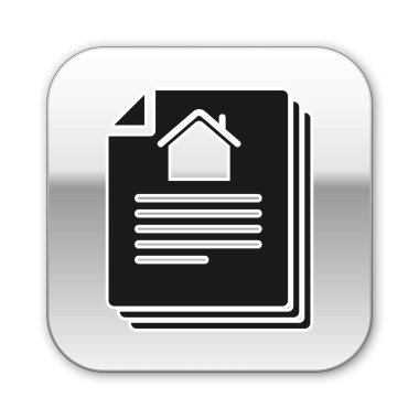 Siyah Saray sözleşme simgesi beyaz arka plan üzerinde izole. Sözleşme oluşturma hizmeti, belge oluşturma, başvuru formu kompozisyonu. Gümüş kare düğme. Vektör İllüstrasyonu