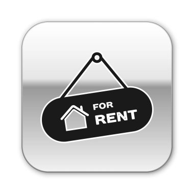 Beyaz arka planda yalıtılmış Kiralık metin simgesinin yer verdiği Siyah Asma işareti. Kiralık metinli tabela. Gümüş kare düğme. Vektör İllüstrasyonu