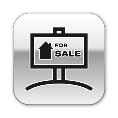 Beyaz arka planda yalıtılmış satılık simgesi ile siyah asılı işareti. Satılık metin li tabela. Gümüş kare düğme. Vektör İllüstrasyonu