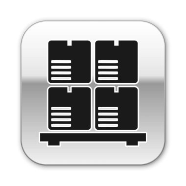 Beyaz arka planda izole palet simgesi üzerinde Siyah Karton kutular. Kırılgan işaretleri ile kapalı karton teslimat ambalaj kutusu. Gümüş kare düğme. Vektör İllüstrasyonu