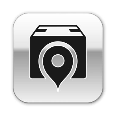 Beyaz arka planda yalıtılmış karton kutu simgesi ile Siyah Konum. Teslimat hizmetleri, lojistik ve nakliye, tehcir, dağıtım. Gümüş kare düğme. Vektör İllüstrasyonu