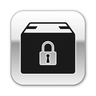 Beyaz arka planda yalıtılmış Siyah Kilitli paket simgesi. Kilit ve karton kutu. Gümüş kare düğme. Vektör İllüstrasyonu