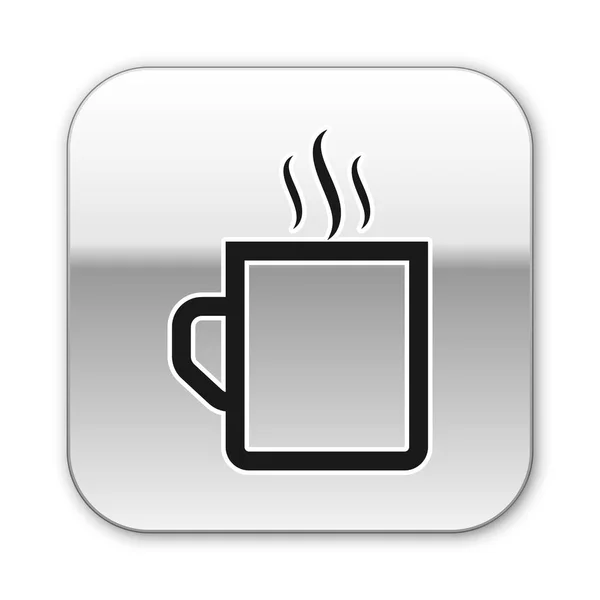 Taza de café negro icono plano aislado sobre fondo blanco. Taza de té. Café caliente. Botón cuadrado plateado. Ilustración vectorial — Vector de stock