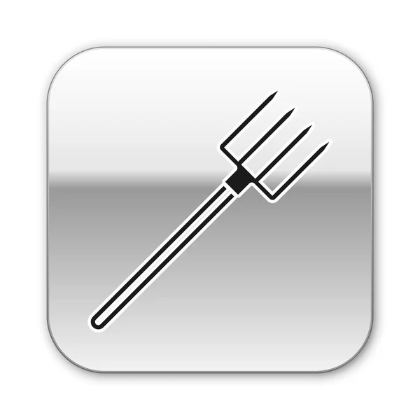 Zwarte tuin Pitchfork icoon geïsoleerd op witte achtergrond. Tuin vork teken. Hulpmiddel voor de tuinbouw, landbouw, landbouw. Zilveren vierkante knop. Vector illustratie — Stockvector