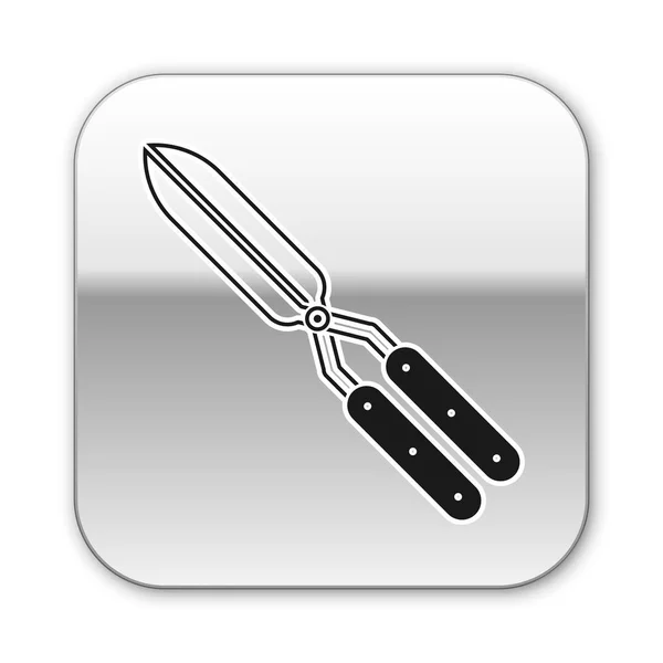 Чорне садівництво ножиці ручної роботи для обрізки значка ізольовані на білому тлі. Обрізка ножиць дерев'яними ручками. Срібна квадратна кнопка. Векторна ілюстрація — стоковий вектор