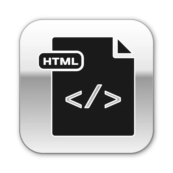 Documento de archivo HTML negro. Descargar icono del botón html aislado sobre fondo blanco. Símbolo archivo HTML. Símbolo de lenguaje de marcado. Botón cuadrado plateado. Ilustración vectorial — Archivo Imágenes Vectoriales