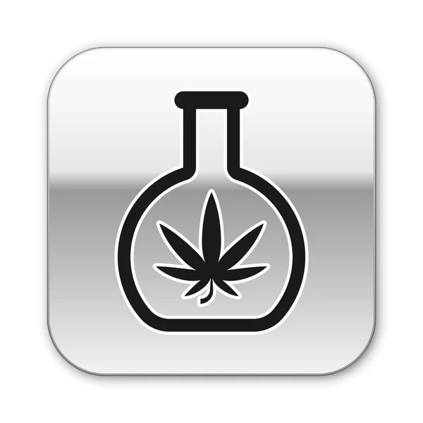 Μαύρο χημικό δοκιμαστικό σωλήνα με εικονίδιο μαριχουάνας ή φύλλων κάνναβης που απομονώνεται σε λευκό φόντο. Η ιδέα της έρευνας. Εργαστηριακή ιδέα του πετρελαίου CBD. Ασημί τετράγωνο κουμπί. Απεικόνιση διανυσματικών φορέων — Διανυσματικό Αρχείο