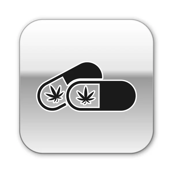 Schwarze medizinische Pillen mit Marihuana oder Cannabisblatt auf weißem Hintergrund. Attrappe von Cannabisöl-Extrakten in Gläsern. Silberner quadratischer Knopf. Vektorillustration — Stockvektor