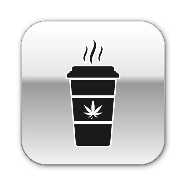 Чорний чашка кави з марихуана або каннабіс лист ікона ізольований на білому фоні. Марихуана легалізація. Символ конопель. Срібна квадратна кнопка. Векторна ілюстрація — стоковий вектор