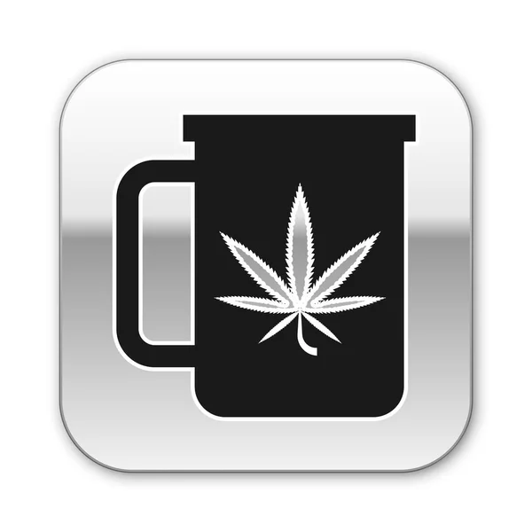 Schwarzer Tassen-Tee mit Marihuana oder Cannabisblatt-Symbol auf weißem Hintergrund. Marihuana-Legalisierung. Hanf-Symbol. Silberner quadratischer Knopf. Vektorillustration — Stockvektor