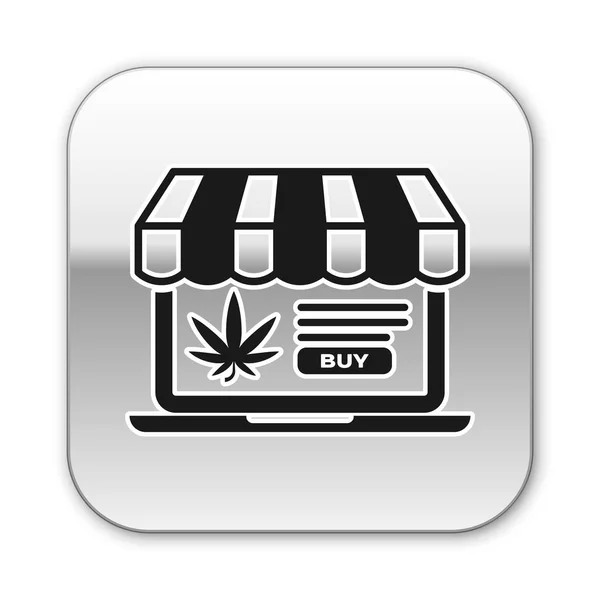 Black Laptop y marihuana medicinal o icono de la hoja de cannabis aislado sobre fondo blanco. Símbolo de compra online. Cesta del supermercado. Botón cuadrado plateado. Ilustración vectorial — Archivo Imágenes Vectoriales