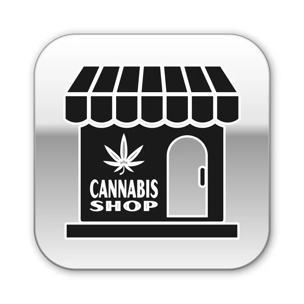 Icono de la tienda de marihuana negra y cannabis aislado sobre fondo blanco. Equipos y accesorios para fumar, almacenar cannabis medicinal. Botón cuadrado plateado. Ilustración vectorial — Archivo Imágenes Vectoriales