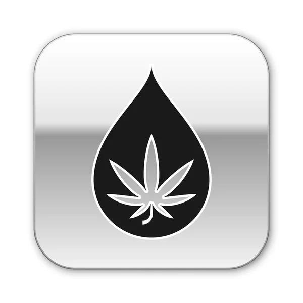 Zwarte medicinale marihuana of cannabis blad olijfolie drop icoon geïsoleerd op witte achtergrond. Cannabisextract. Hennep symbool. Zilveren vierkante knop. Vector Illustratie — Stockvector