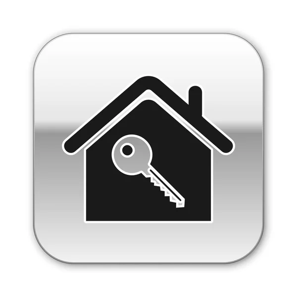 Black House with key icon isolated on white background. The concept of the house turnkey. Silver square button. Vector Illustration — Stock Vector