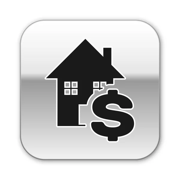 Casa Negra con símbolo del dólar aislado sobre fondo blanco. Hogar y dinero. Concepto inmobiliario. Botón cuadrado plateado. Ilustración vectorial — Vector de stock