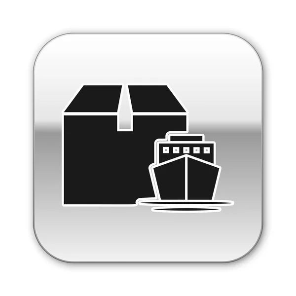 白い背景に隔離されたボックス配達サービスアイコンを持つ黒貨物船。配達、輸送。小包、箱、商品を持つ貨物船。シルバーの正方形のボタン。ベクトルイラストレーション — ストックベクタ