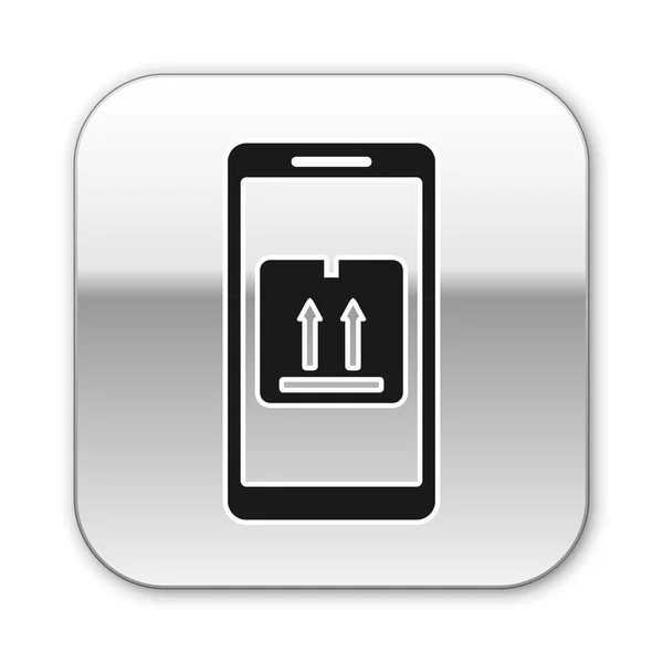 Schwarzes Mobiltelefon mit App-Tracking-Symbol auf weißem Hintergrund. Paketverfolgung. Silberner quadratischer Knopf. Vektorillustration — Stockvektor