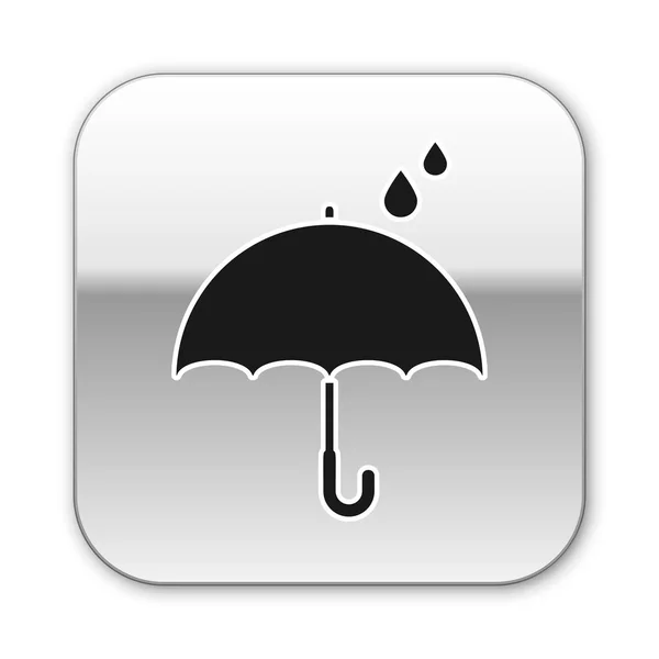 Black Umbrella and rain drops icon isolated on white background. Waterproof icon. Protection, safety, security concept. Water resistant symbol. Silver square button. Vector Illustration — Stock Vector