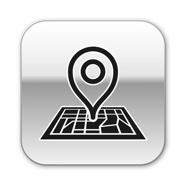 Czarny symbol zastępczy na papierze mapy w perspektywie ikona na białym tle. Srebrny kwadrat przycisk. Ilustracja wektorowa — Wektor stockowy