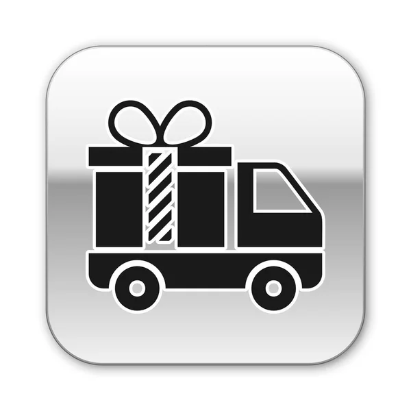 Black Delivery truck with gift icon isolated on white background. Silver square button. Vector Illustration — Stock Vector