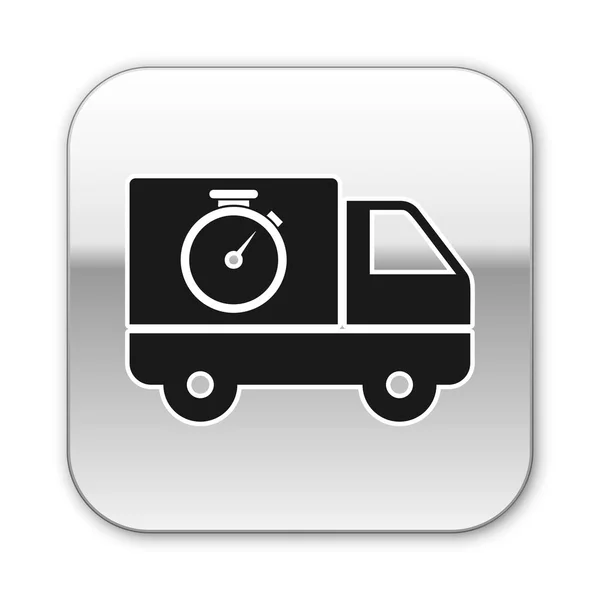 Black Logistics entrega caminhão e cronômetro ícone isolado no fundo branco. Ícone do prazo de entrega. Botão quadrado de prata. Ilustração vetorial — Vetor de Stock