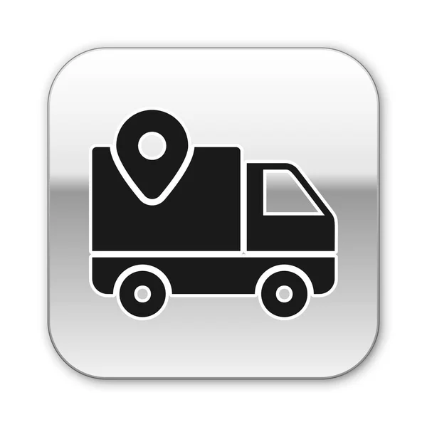 Icono de seguimiento Black Delivery aislado sobre fondo blanco. Seguimiento de paquetes. Botón cuadrado plateado. Ilustración vectorial — Archivo Imágenes Vectoriales