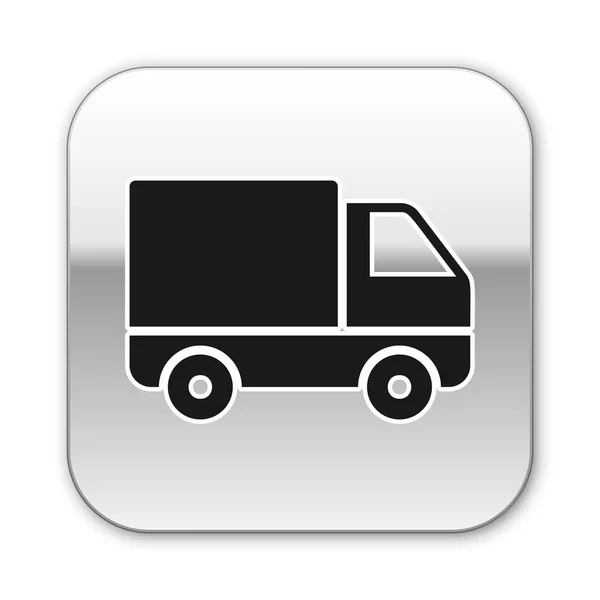 Schwarz Lieferung Lastkraftwagen-Symbol isoliert auf weißem Hintergrund. Silberner quadratischer Knopf. Vektorillustration — Stockvektor