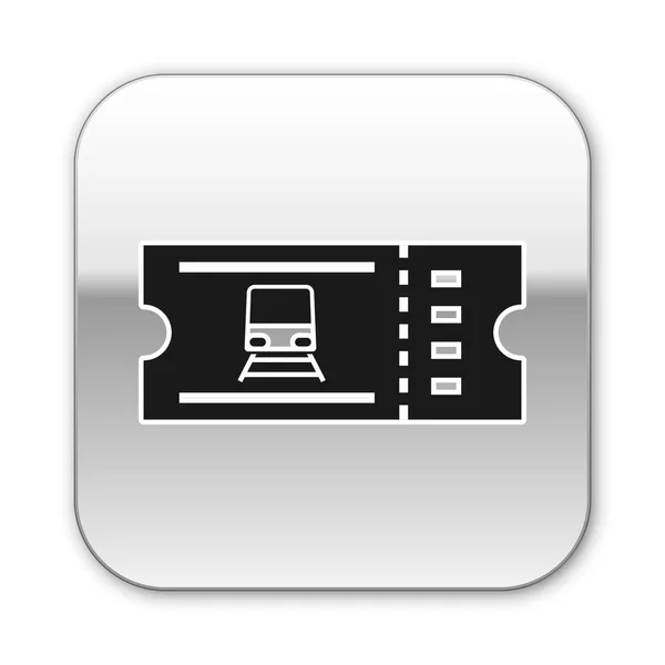 흰색 배경에 격리 된 검은 기차 티켓 아이콘입니다. 철도로 여행. 실버 스퀘어 버튼. 벡터 일러스트레이션 — 스톡 벡터