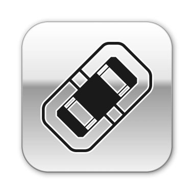 Siyah Rafting tekne simgesi beyaz arka plan üzerinde izole. Şişme bot. Su sporları, ekstrem sporlar, tatil, tatil, takım kurma. Gümüş kare düğme. Vektör İllüstrasyonu