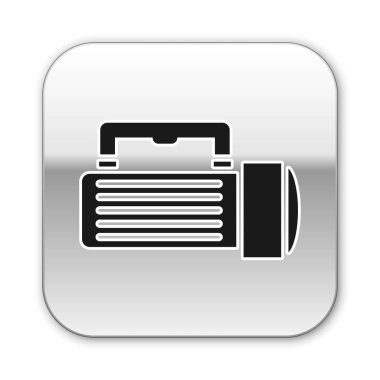 Siyah El Feneri simgesi beyaz arka planda yalıtılmış. Turist el feneri sapı. Gümüş kare düğme. Vektör İllüstrasyonu