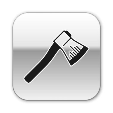 Beyaz arka planda siyah tahta balta simgesi izole edildi. Oduncu baltası. Gümüş kare düğme. Vektör İllüstrasyonu