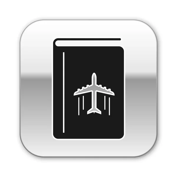 Portada negra guía de viaje icono aislado sobre fondo blanco. Botón cuadrado plateado. Ilustración vectorial — Archivo Imágenes Vectoriales