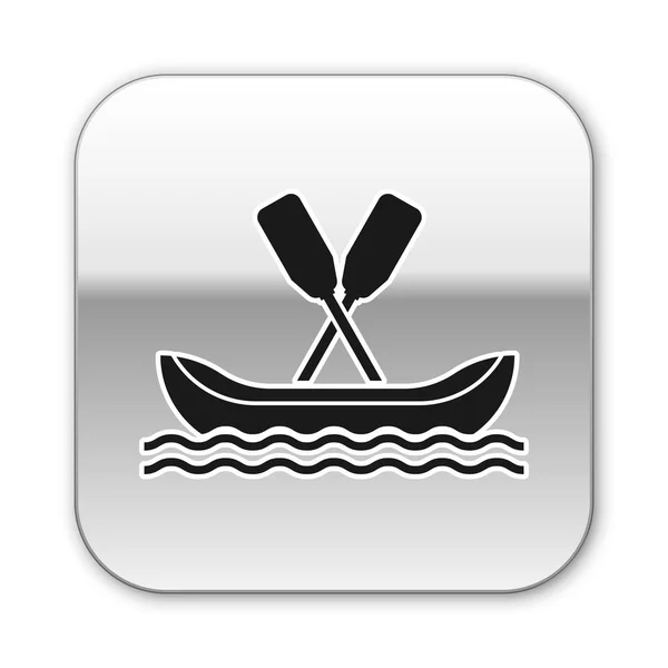 白い背景に隔離された黒いラフティングボートのアイコン。パドル付きカヤック。ウォータースポーツ、エクストリームスポーツ、休日、休暇、チームビルディング。シルバーの正方形のボタン。ベクトルイラストレーション — ストックベクタ