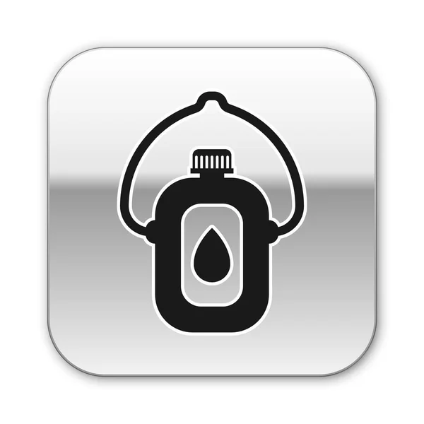 Fekete kulacs vízpalack ikon elszigetelt fehér háttér. Turista lombik ikon. Egy üveg víz a kampányban. Ezüst négyzet gomb. Vektorillusztráció — Stock Vector