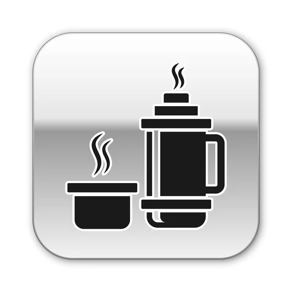 Icono del contenedor Black Thermos aislado sobre fondo blanco. Icono de termo frasco. Equipo de camping y senderismo. Botón cuadrado plateado. Ilustración vectorial — Archivo Imágenes Vectoriales