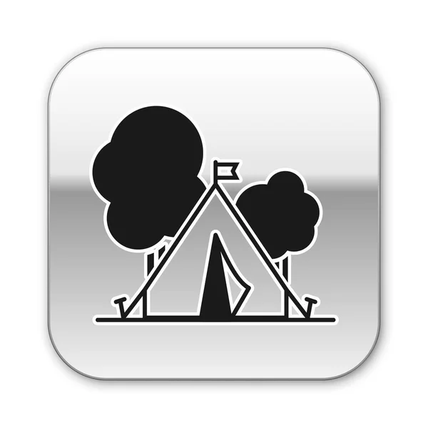 Tienda Turística Negra con icono de bandera aislada sobre fondo blanco. Símbolo camping. Botón cuadrado plateado. Ilustración vectorial — Vector de stock